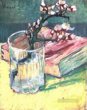  blossom Oil Painting - Blossoming Almond Branch in a Glass with a Book Vincent van Gogh